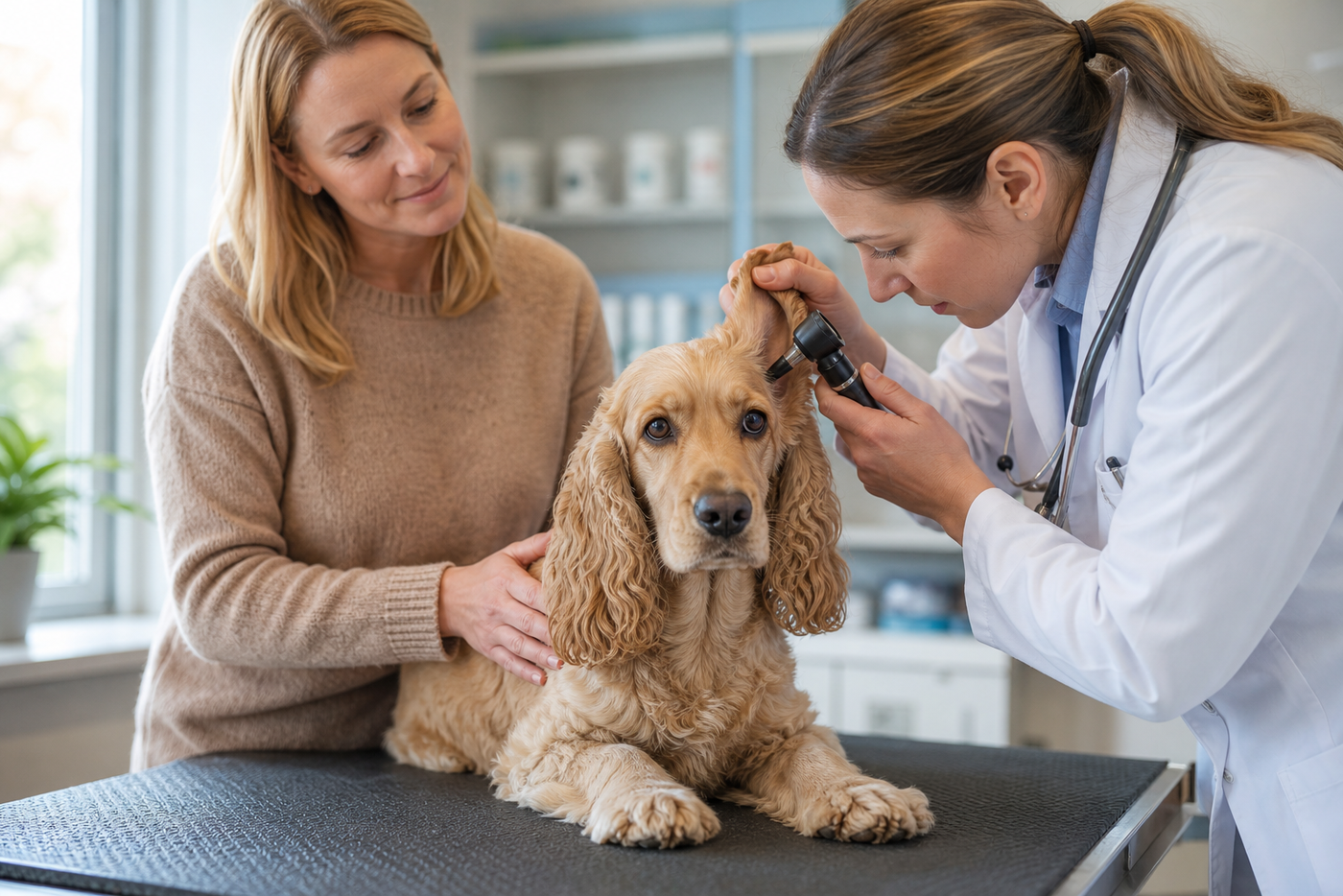 Veterinarian gently examining a cocker spaniel's ear while the owner provides calm support.