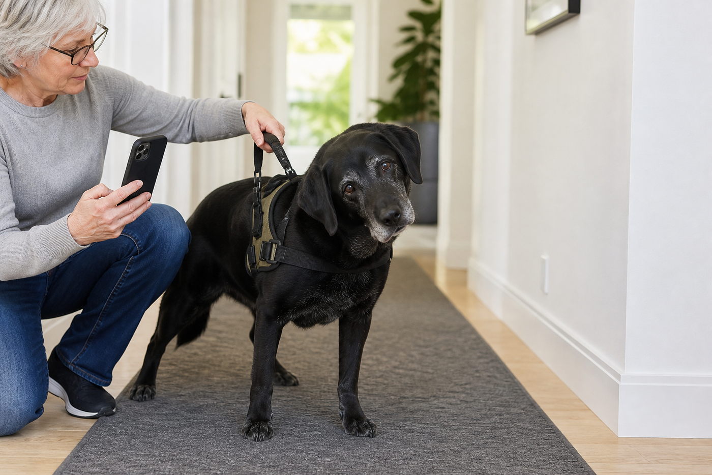 Older black Labrador with a persistent head tilt standing on a non-slip runner while the owner records movement for the vet.