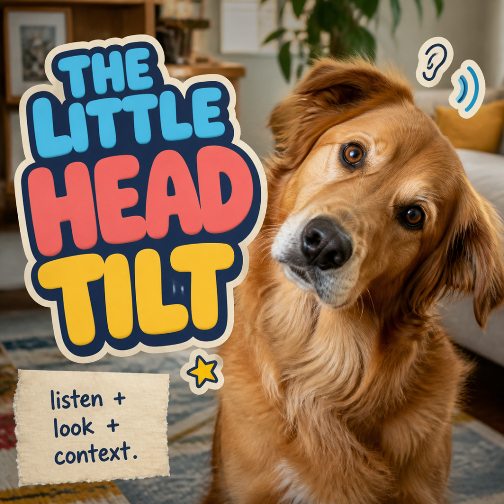 Golden retriever mix tilting its head beside the words The Little Head Tilt.