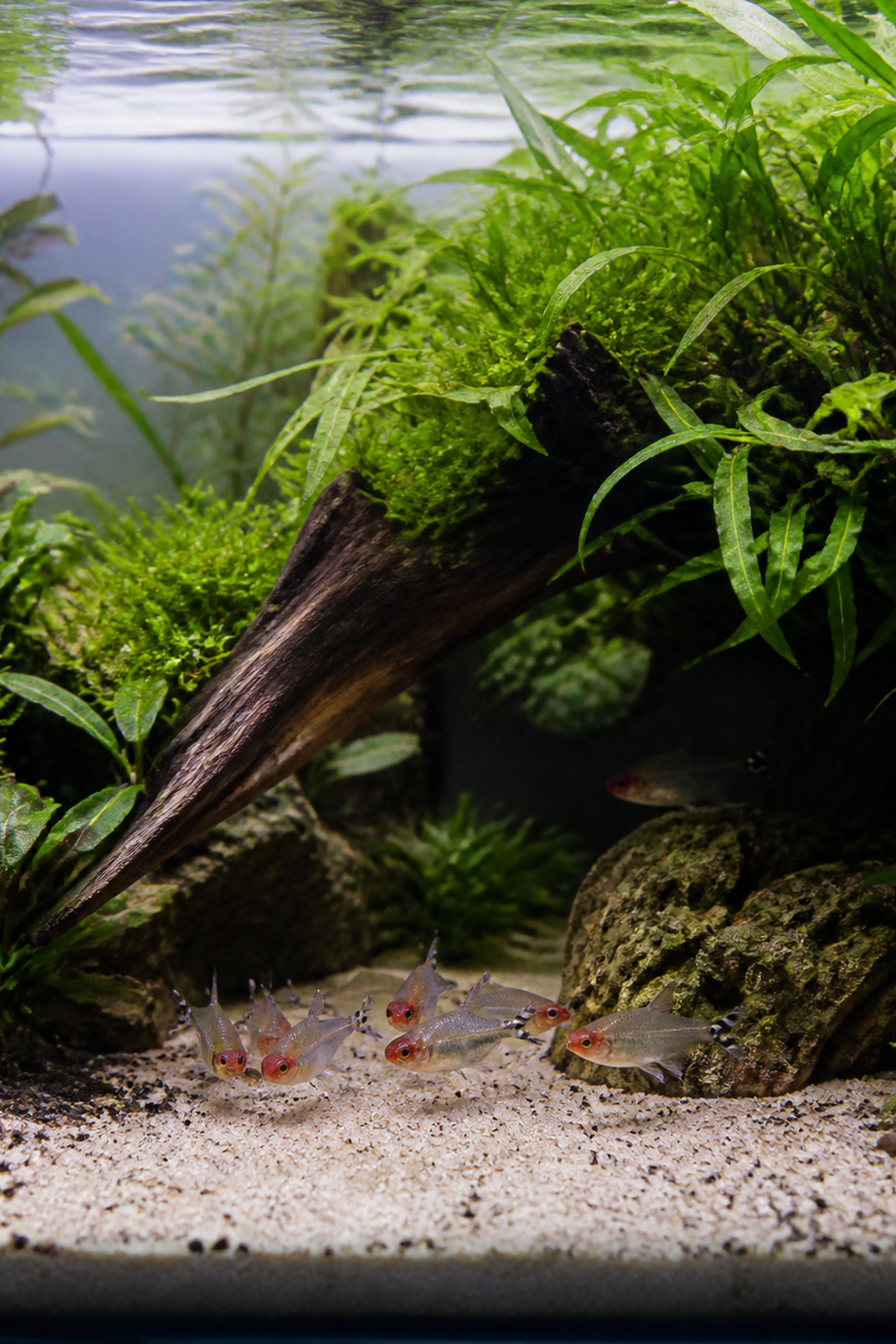 A small shoal emerges near the front of a planted aquarium while one fish stays near cover.