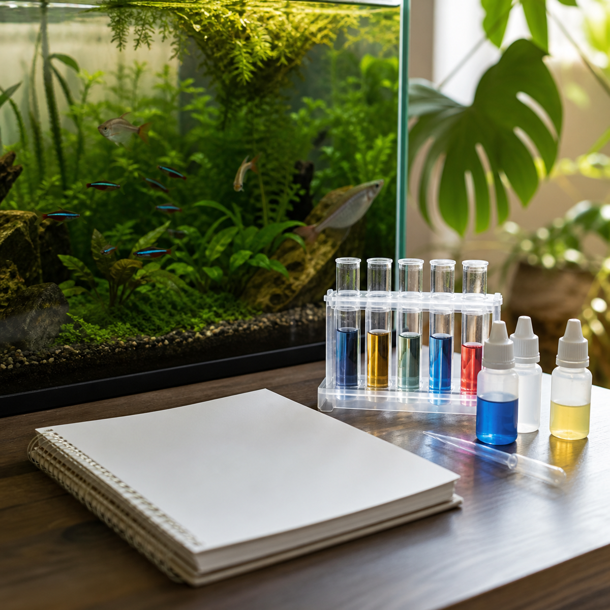 Liquid water-test vials and a blank notebook sit beside a healthy planted freshwater tank.