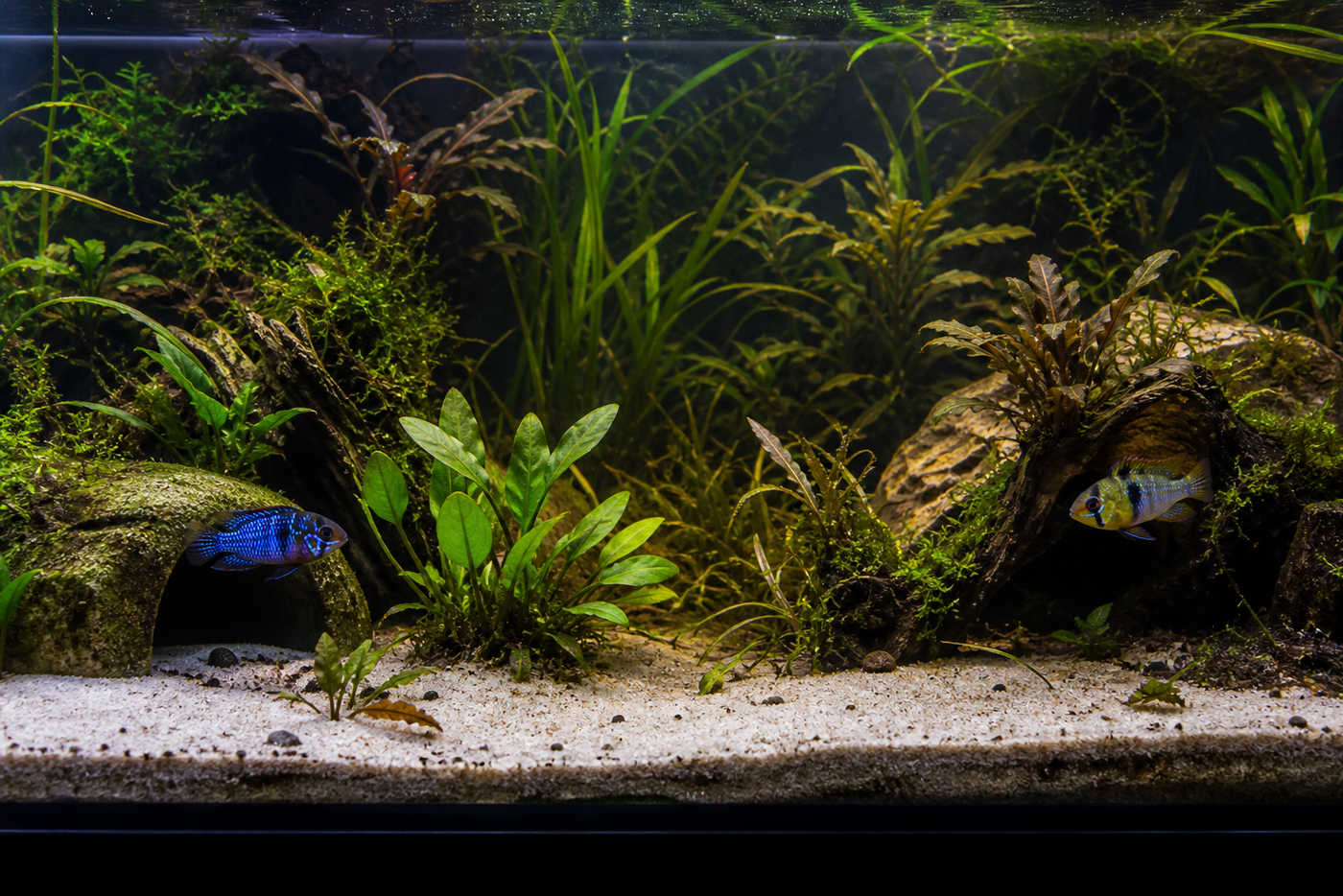 Two territorial fish occupy separate planted zones with caves and broken sightlines.