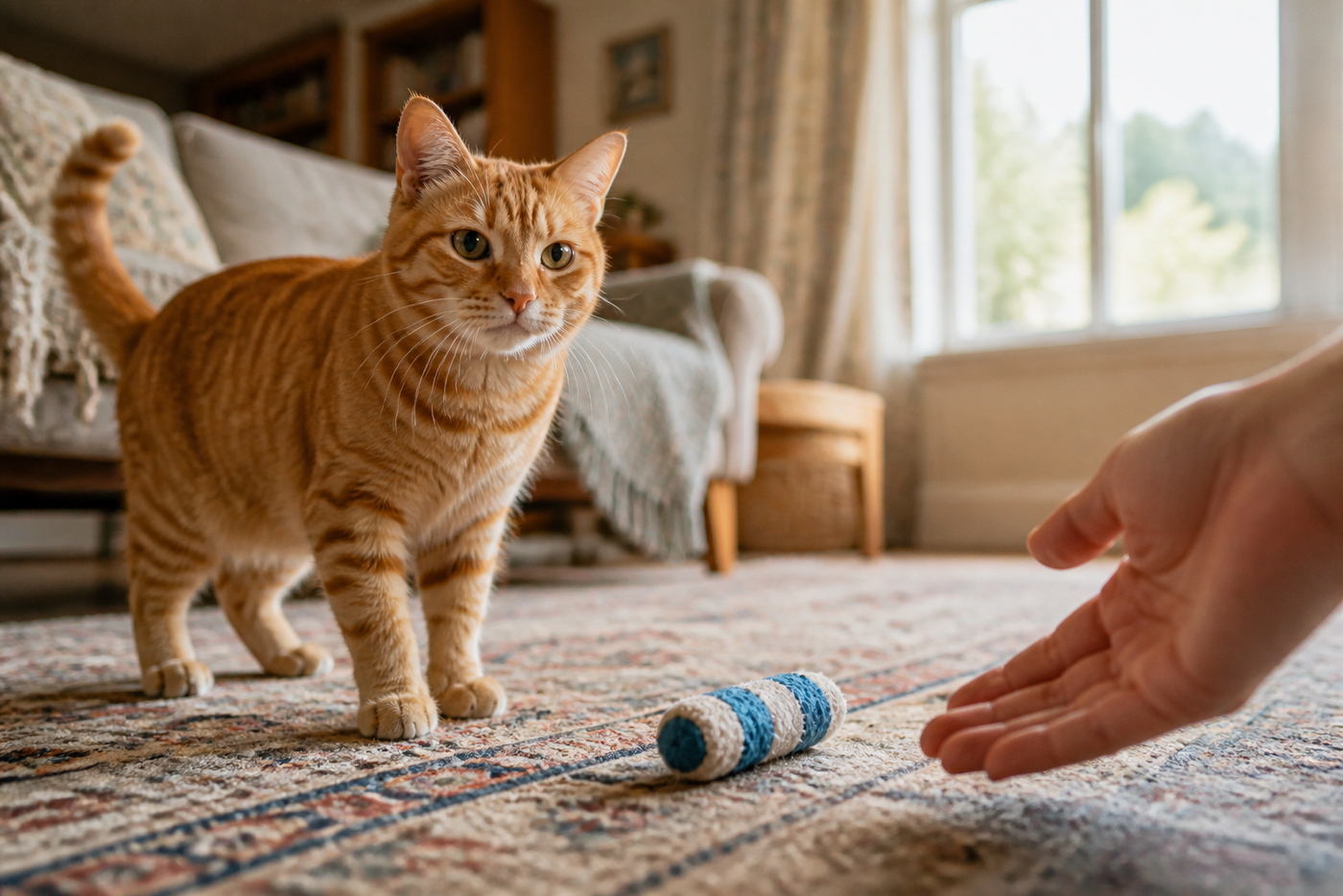 Orange tabby completing a toy return to an open hand on a living-room rug.