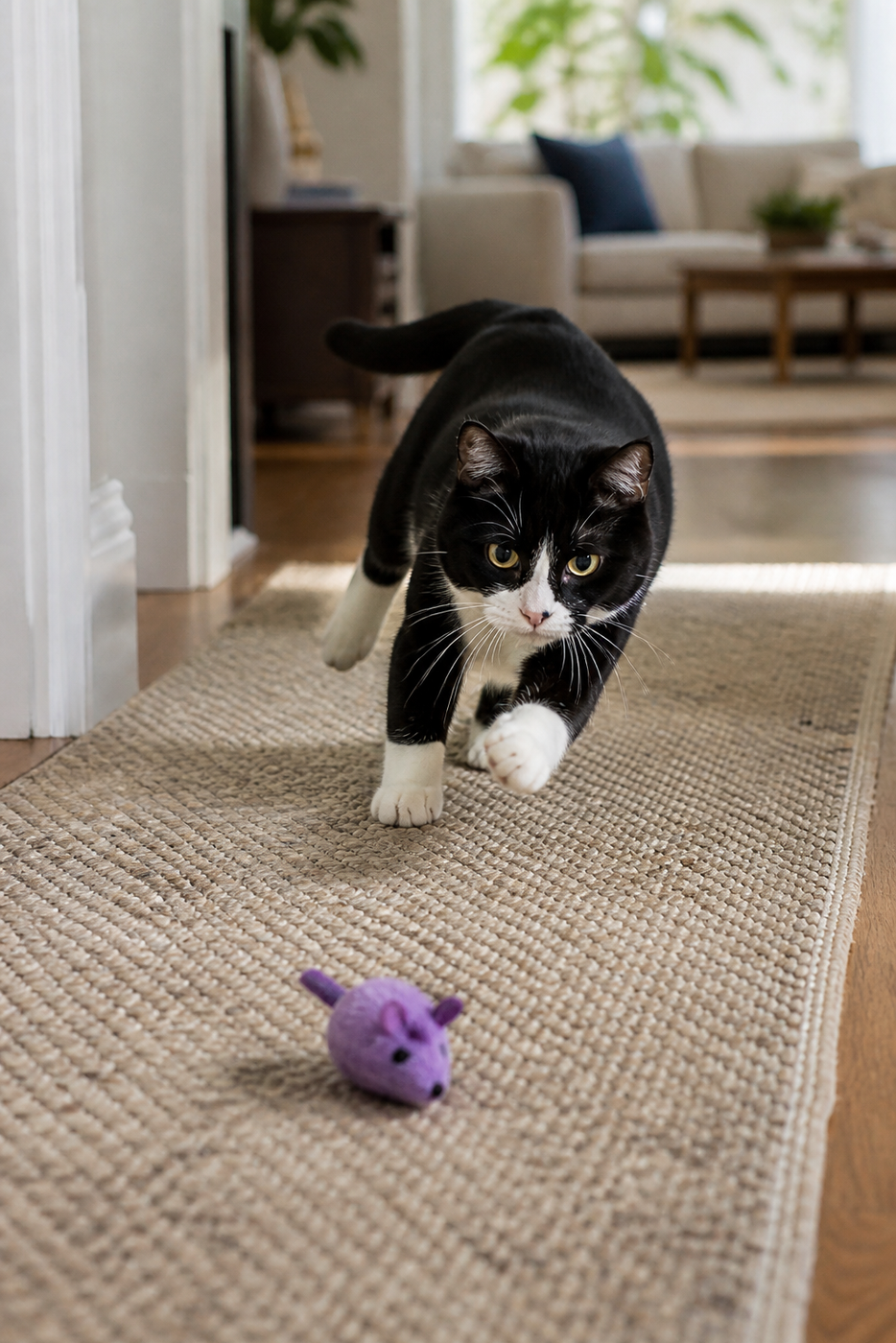 Tuxedo cat chasing a purple toy mouse along a hallway runner.