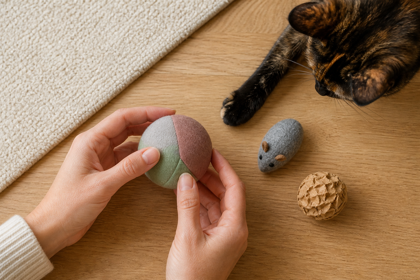 Tortoiseshell cat watching as two hands inspect three cat toys for damage.