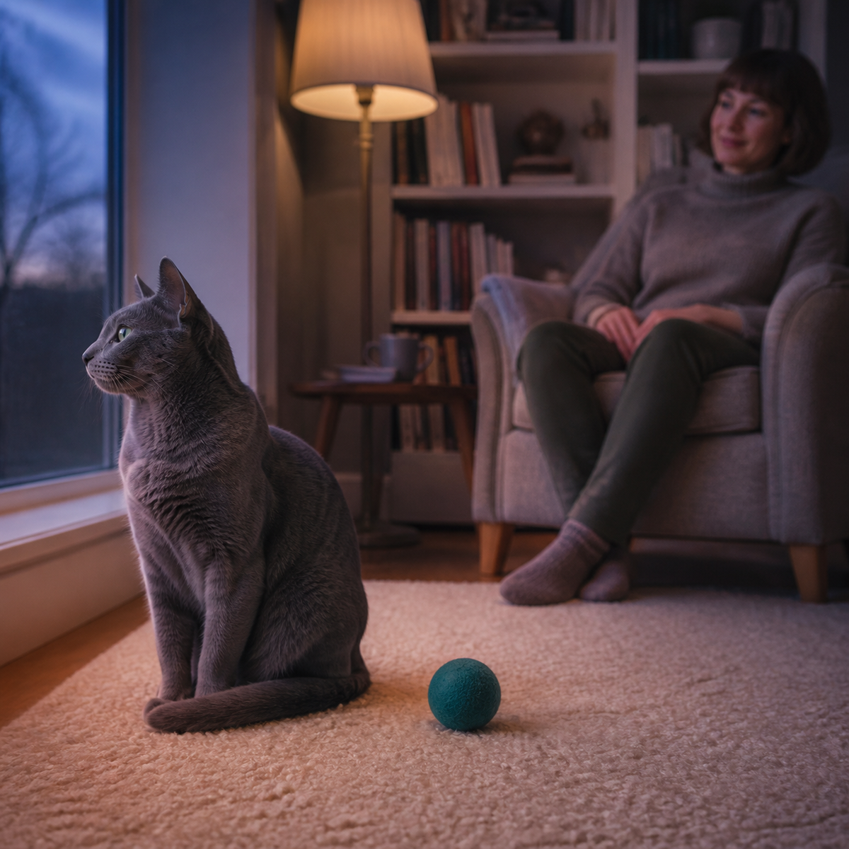 Grey cat calmly pausing beside a teal ball while looking out of a window.