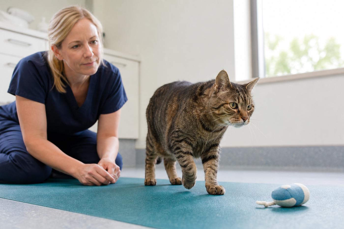 Veterinary nurse observing a tabby cat walking comfortably on a non-slip mat.