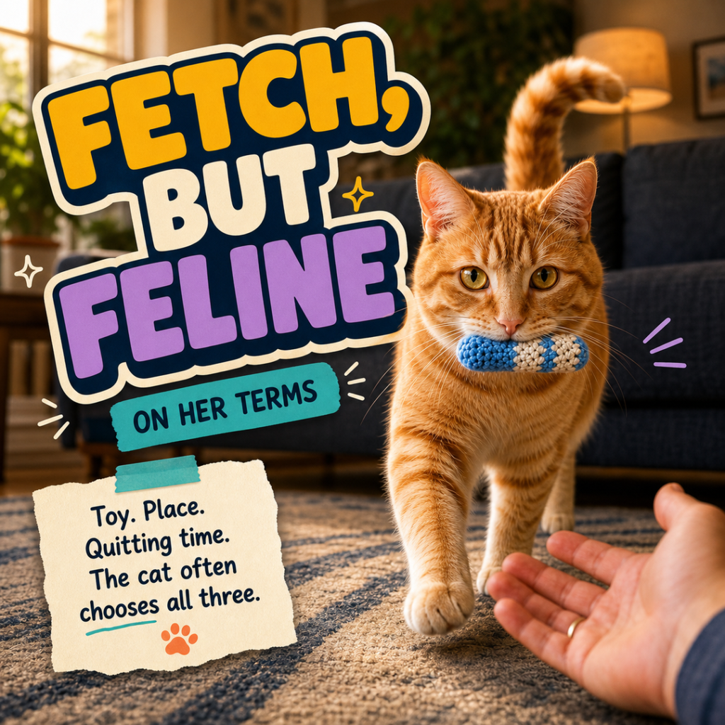 Orange tabby returning a blue-and-cream toy beside the words Fetch, But Feline.
