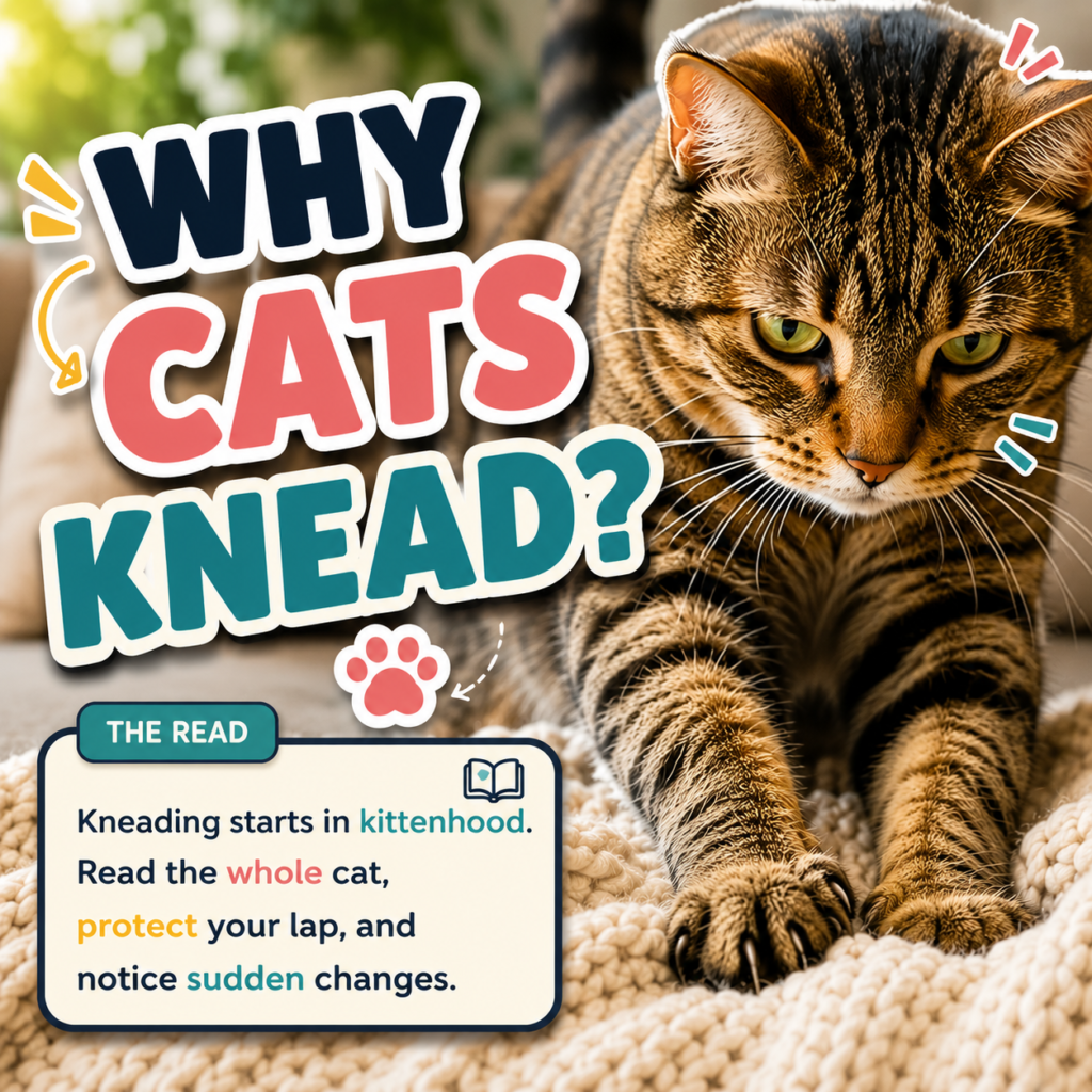 Why cats knead article thumbnail: tabby cat kneading a blanket.