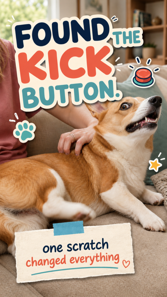 A tan-and-white corgi looks delighted and surprised while a hand scratches its back and one hind leg kicks.
