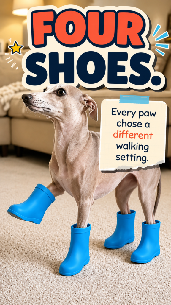 A light-grey Italian greyhound wearing four bright blue boots lifts one front leg in a warm living room.