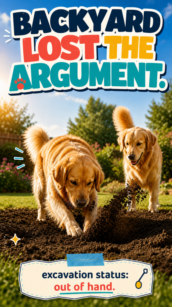 Two golden retrievers dig enthusiastically in loose soil in a sunny backyard, with the front dog throwing dirt into the air.
