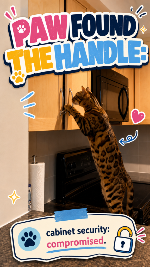 A tall brown Bengal cat stands upright in a warm kitchen and uses both front paws to pull open a silver cabinet handle.