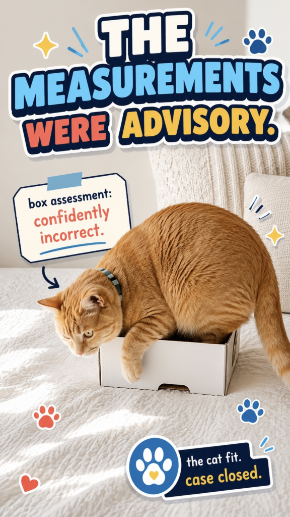 An orange tabby cat with one paw hanging from a visibly too-small white cardboard box on a bed.