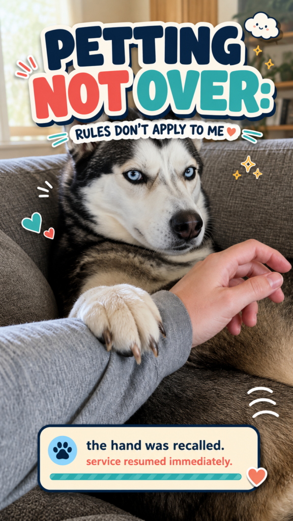 A blue-eyed black-and-white husky rests on a grey sofa and places one paw firmly over a person's grey-sleeved wrist after petting stops.