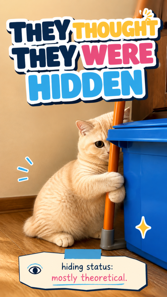 A cream-coloured cat grips an orange pole while peeking from behind a bright blue storage bin beside a dark wooden cabinet.