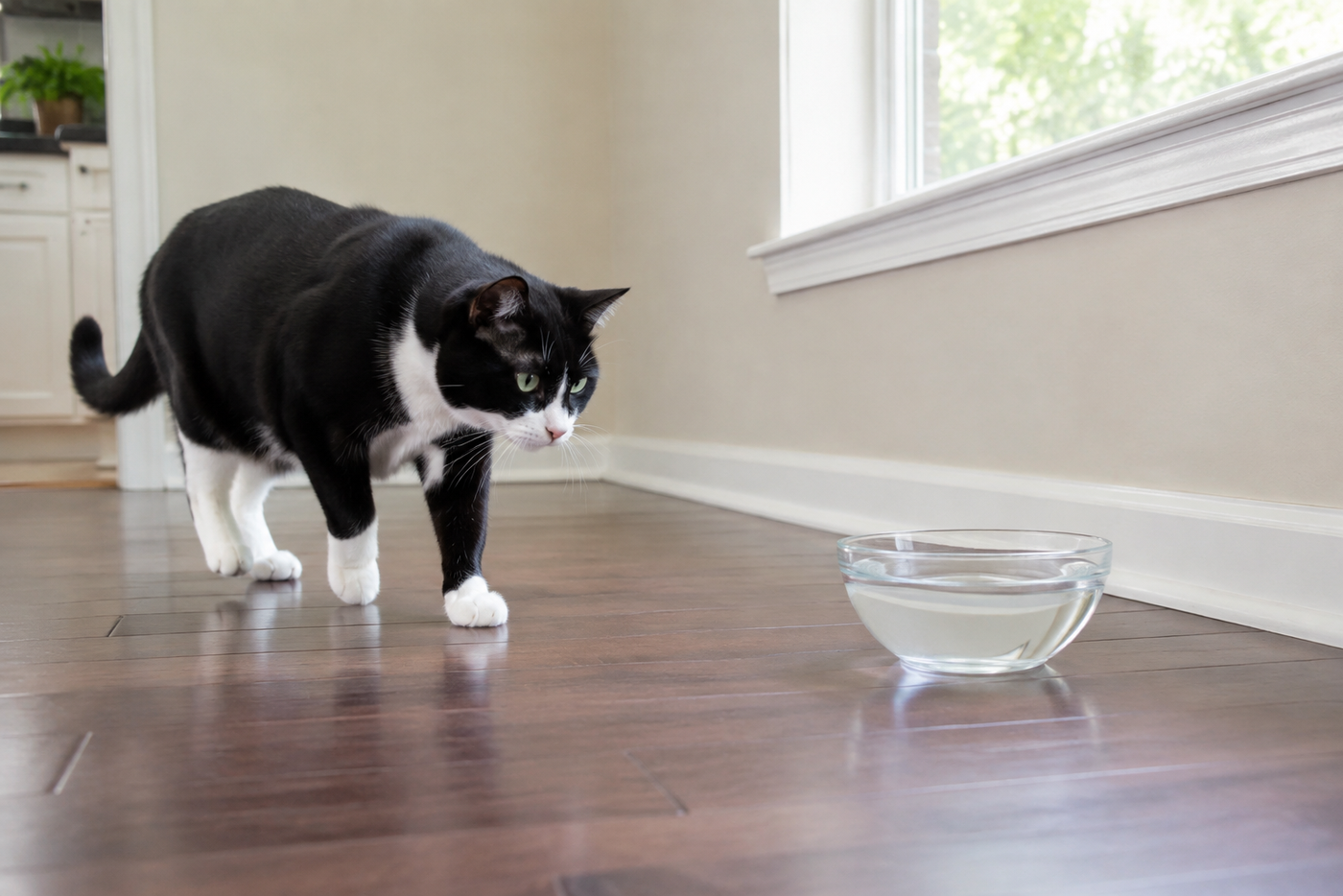 A tuxedo cat approaching a wide glass water bowl positioned in a quiet open corner away from food and litter.