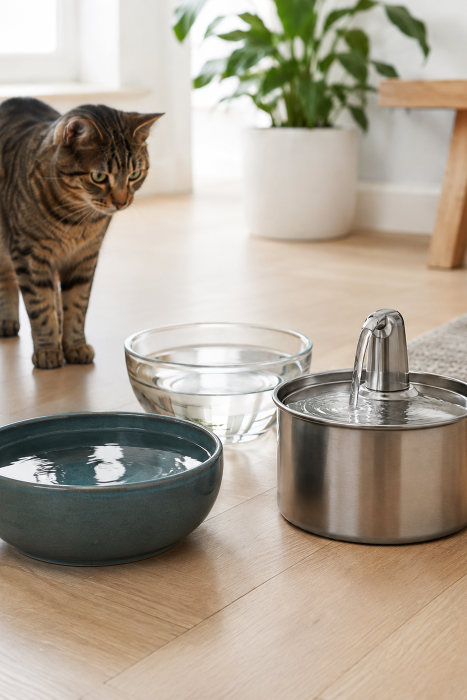 Three different clean cat water vessels—a wide ceramic bowl, a glass and a fountain—offered separately in one bright home.