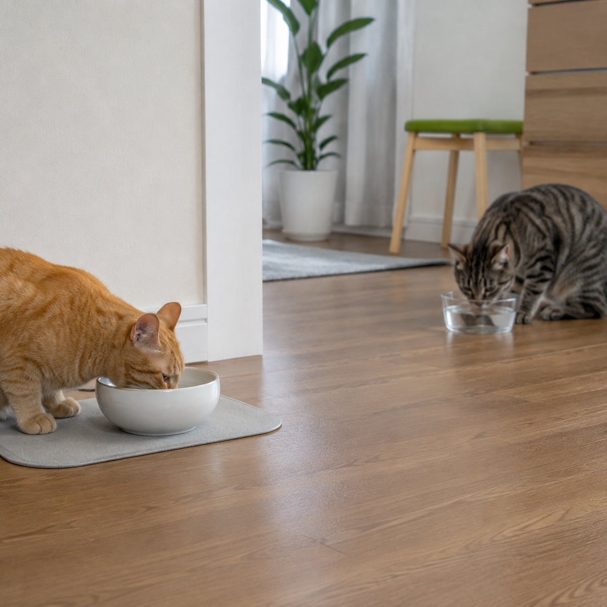 Two cats using separate water stations on opposite sides of a room without blocking each other's route.