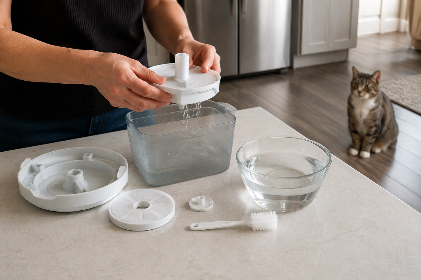 A person disassembling and cleaning a cat water fountain beside fresh replacement water and a clean brush.