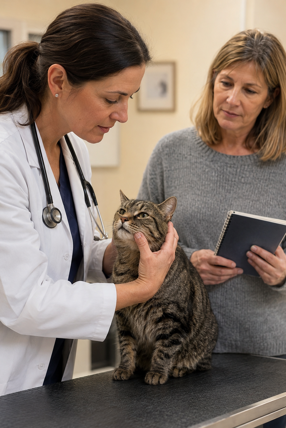 A veterinarian calmly examining a senior cat while the owner shows a short drinking-and-litter routine note.