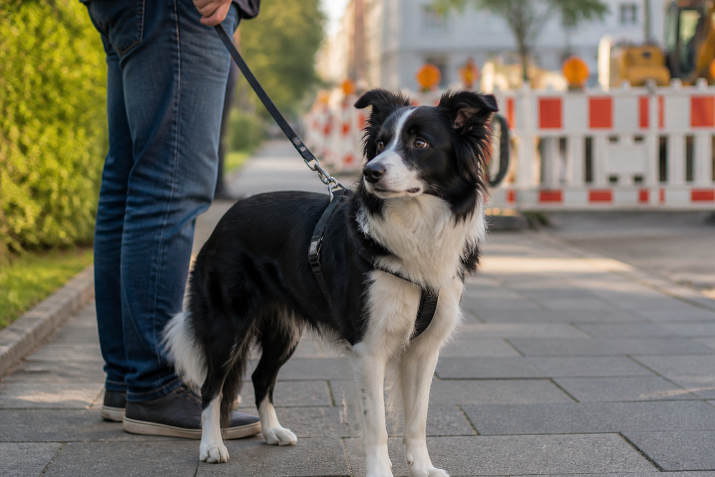A border collie pausing on a city pavement while its handler keeps the lead loose and watches the surroundings.