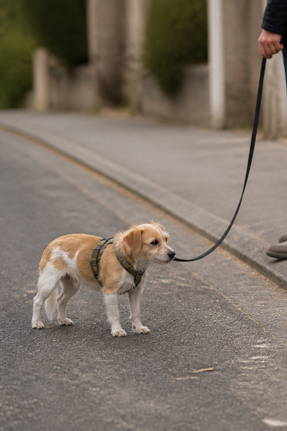 A small terrier showing a low, worried posture near an unfamiliar street object while its person gives it space.