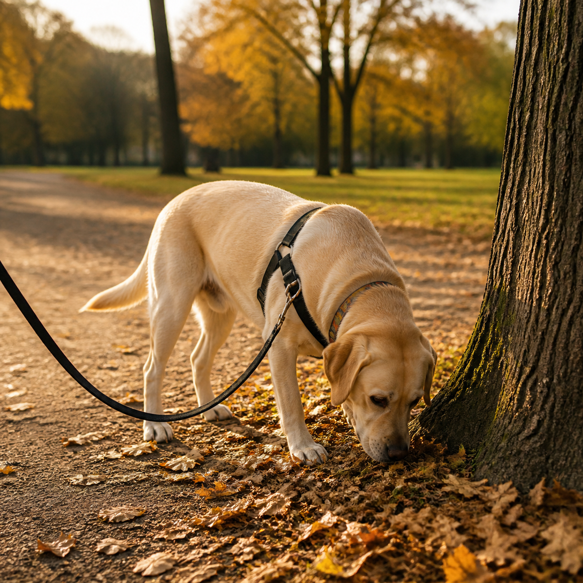 A relaxed Labrador stopping to sniff leaves at the base of a tree during a quiet walk.