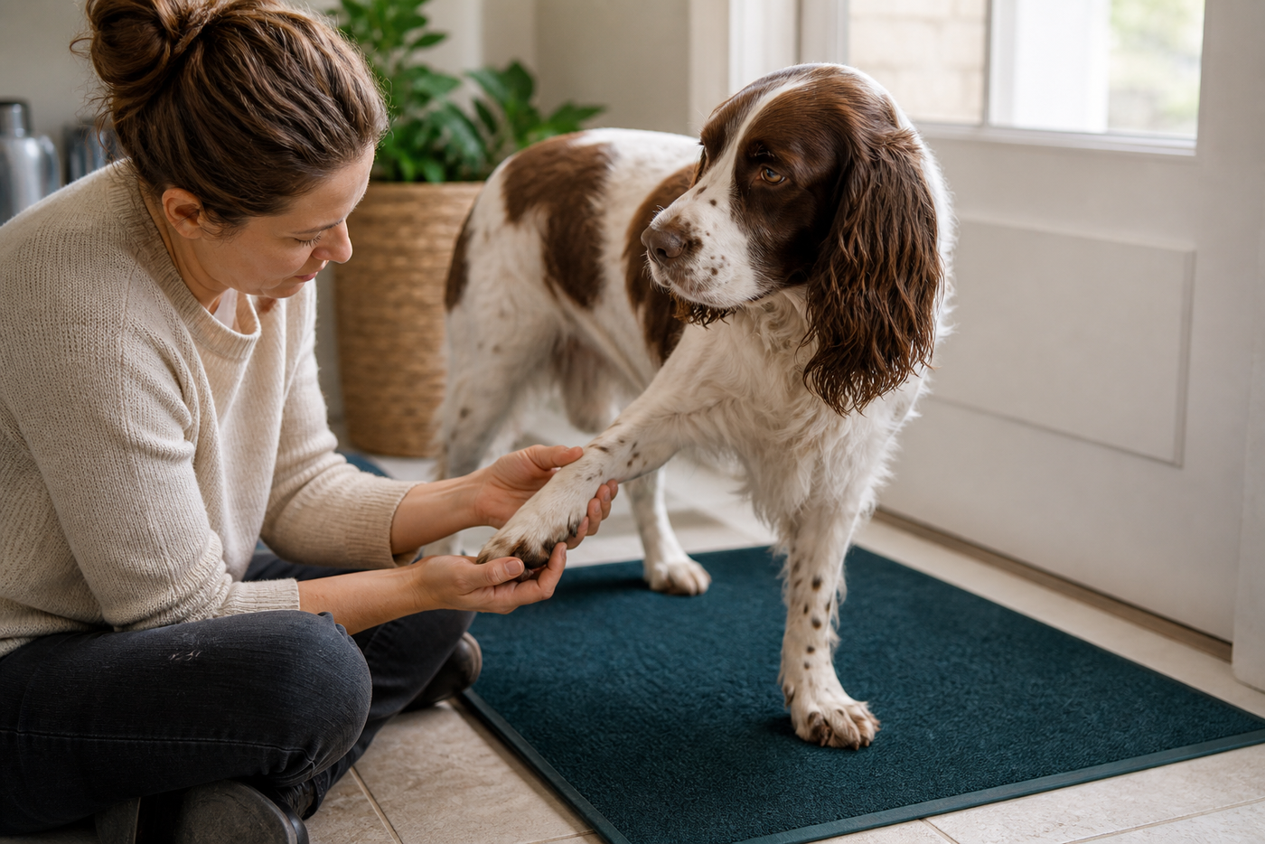 A spaniel standing calmly on a mat while its person checks a front paw after a walk.