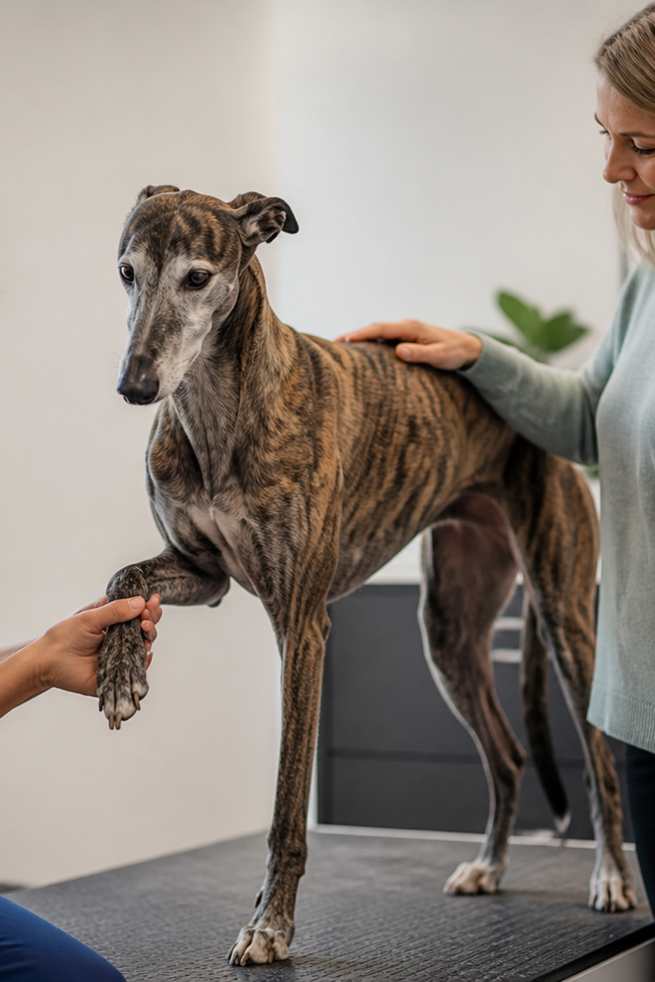 A senior greyhound receiving a calm mobility and paw examination from a veterinarian.