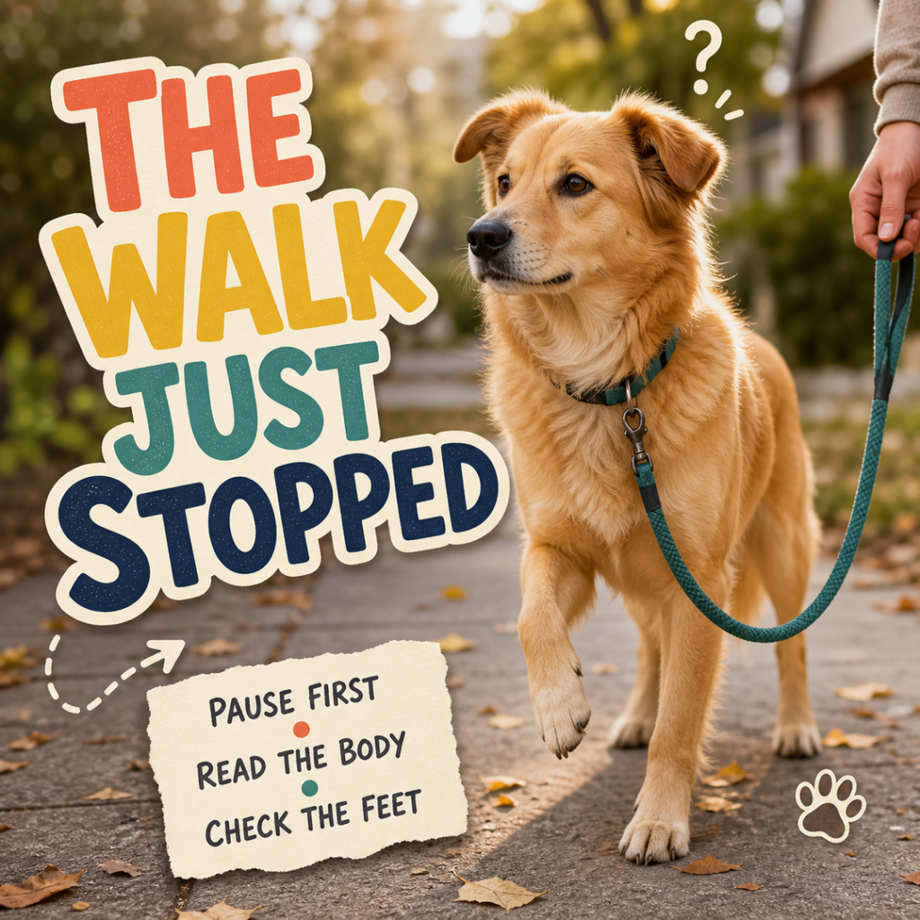 A golden mixed-breed dog pauses with one front paw raised on a leafy pavement beside the headline The Walk Just Stopped.