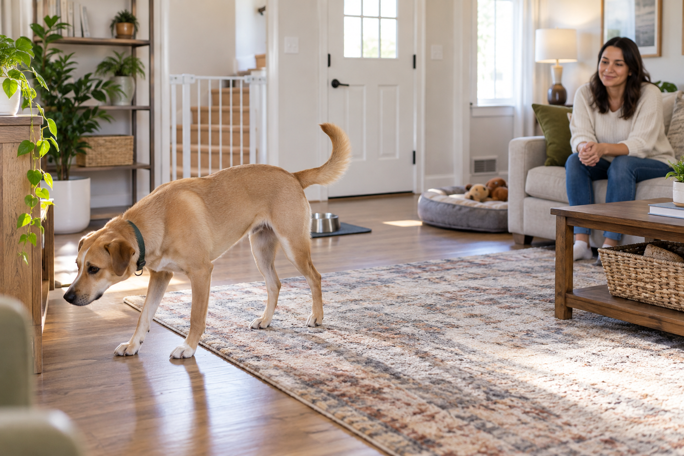 Newly adopted tan rescue dog exploring a quiet dog-proofed living room while an owner waits at a respectful distance.