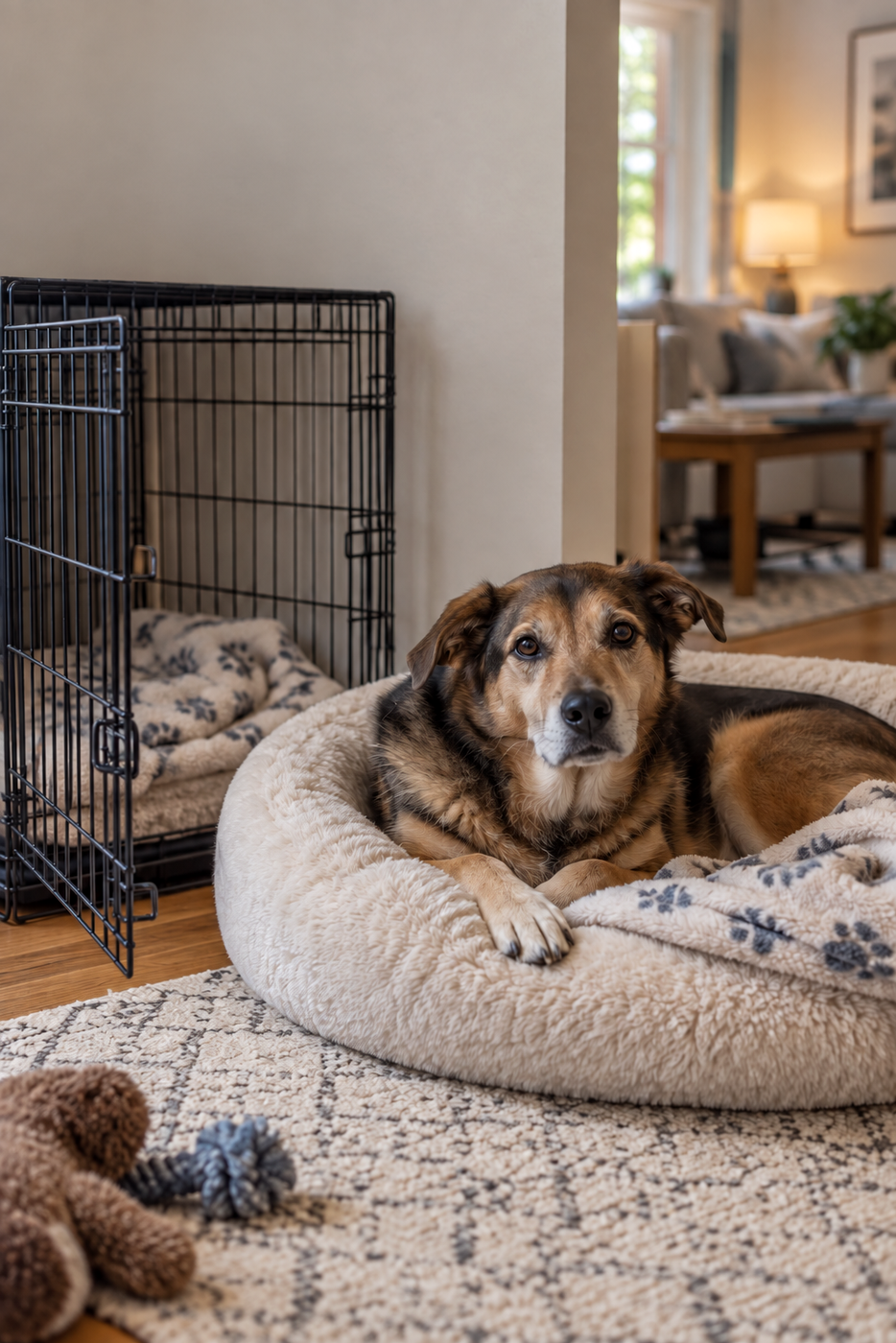 Rescue dog resting voluntarily in an open quiet retreat with familiar bedding and an unobstructed exit.