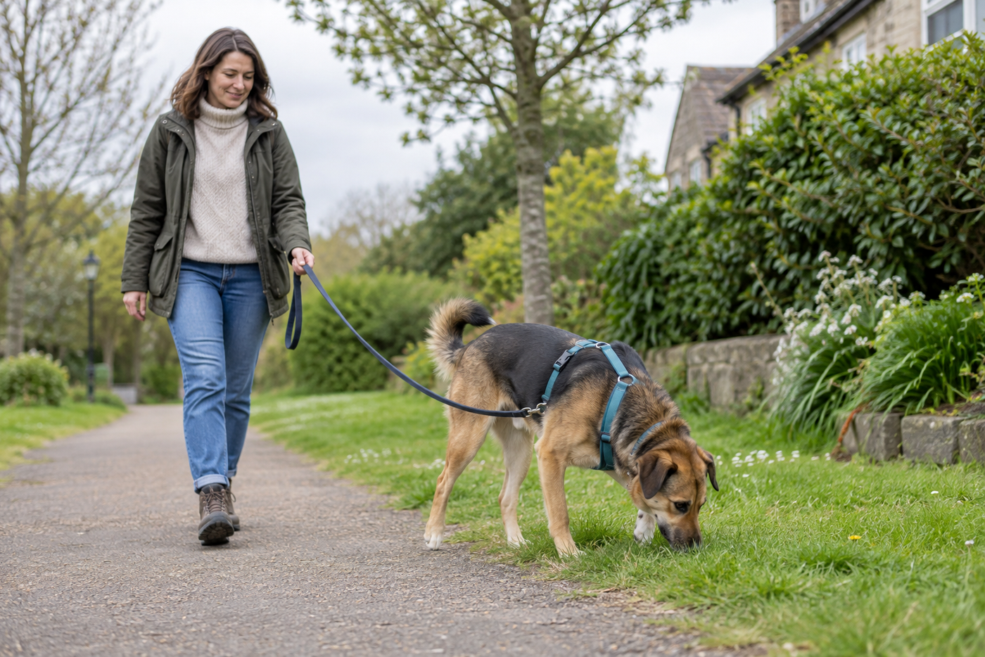 Rescue dog sniffing calmly on a short familiar walk with secure equipment in a quiet neighbourhood.