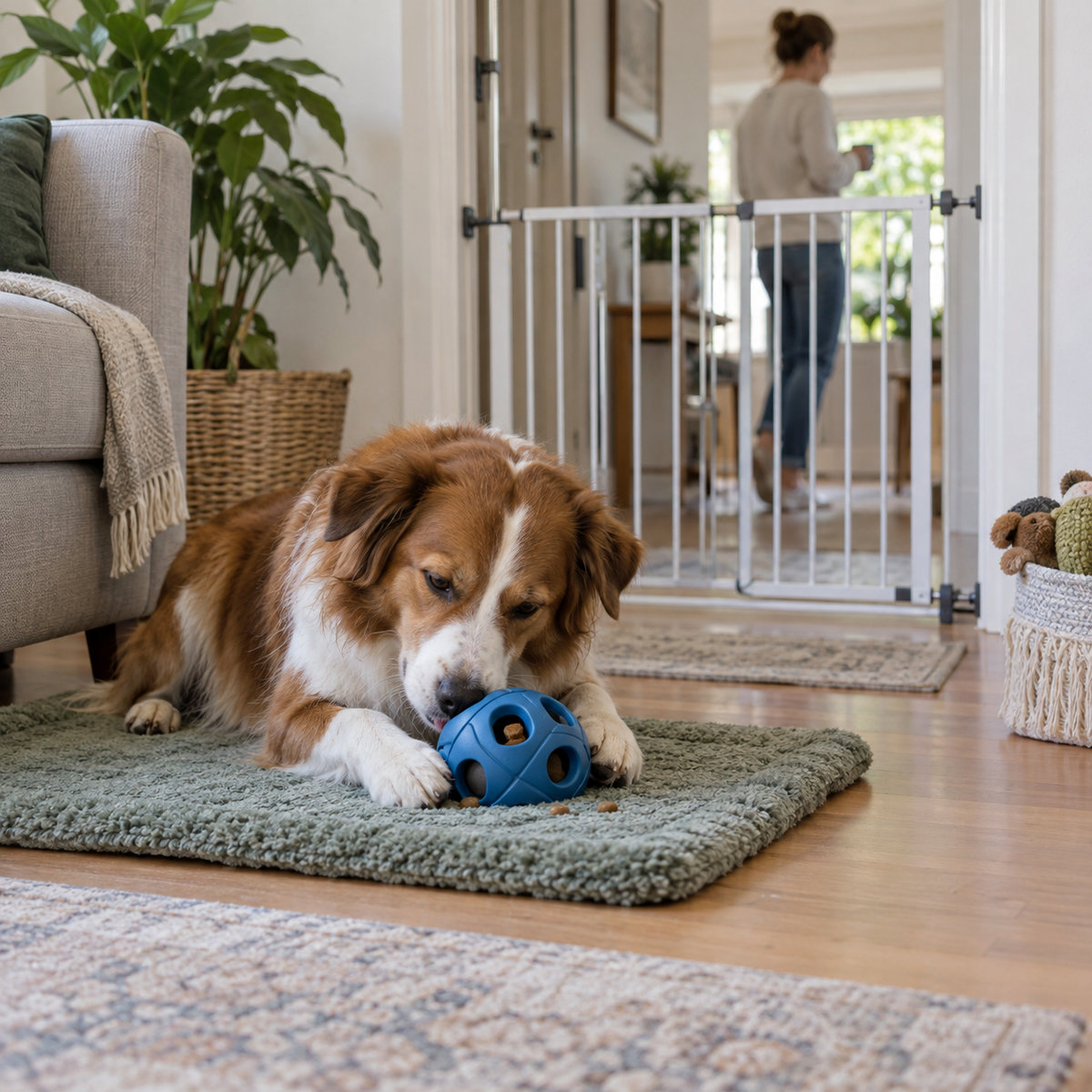 New rescue dog relaxing with a food enrichment toy while an owner briefly moves behind a baby gate.