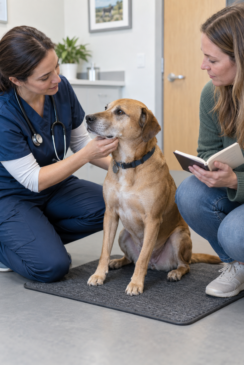 Veterinarian calmly examining a rescue dog while the owner shares notes about eating, sleep and behaviour changes.