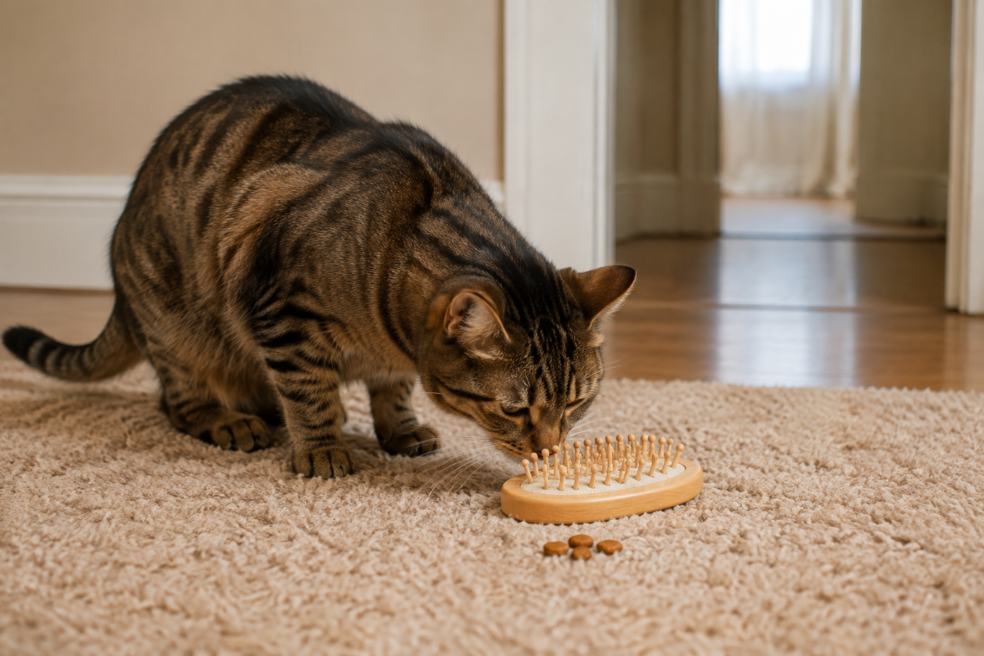 A short-haired cat choosing to sniff a soft brush placed beside a few treats on a rug.