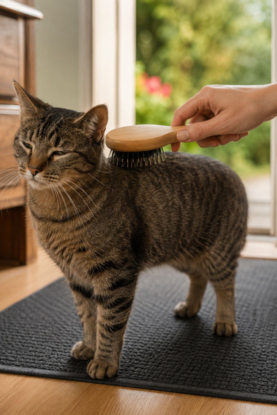 A person giving one gentle brush stroke along a relaxed cat's shoulder while the cat stands freely on a mat.