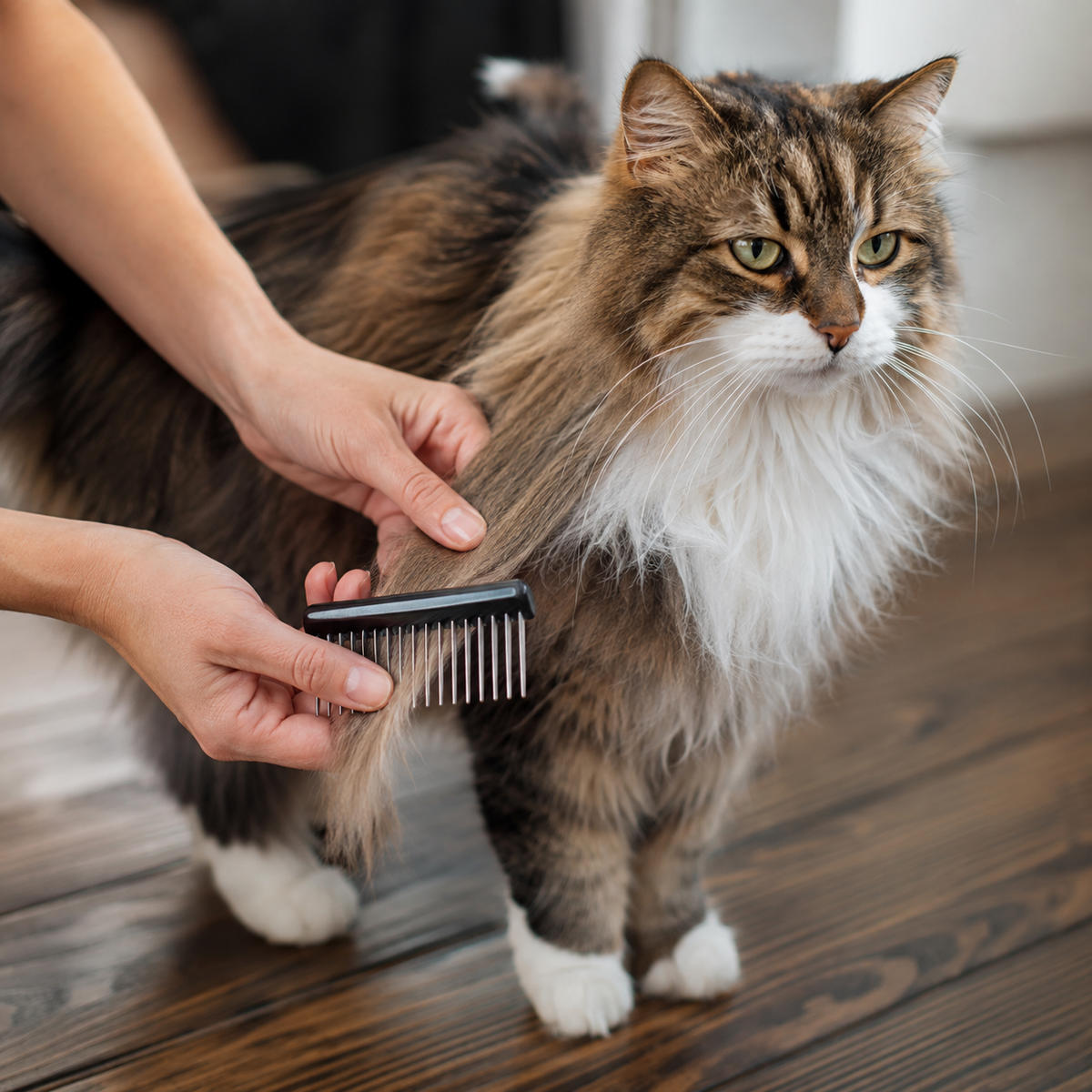 A long-haired cat receiving careful small-section grooming with fingers supporting the fur near the skin.