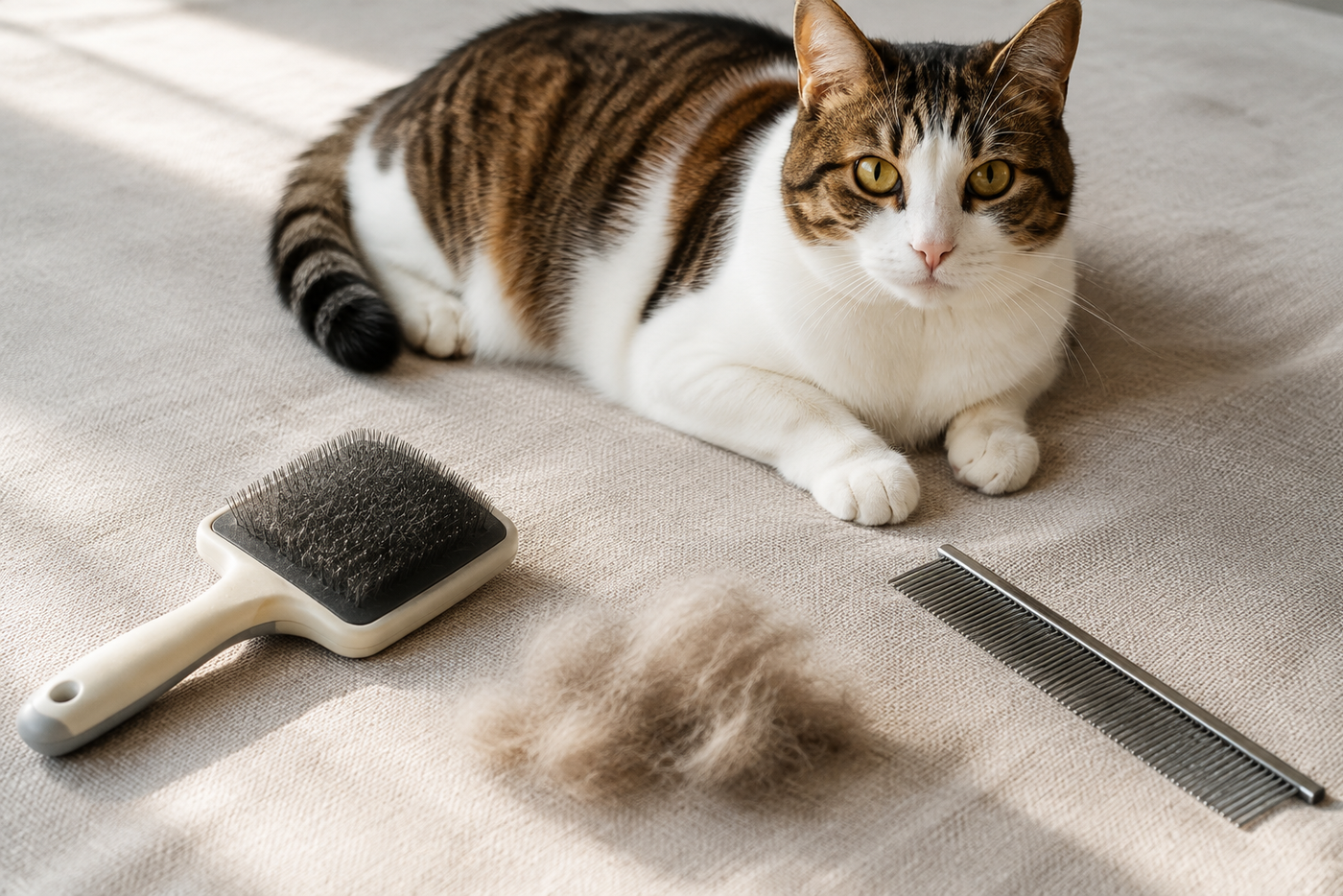 A close view of a clean cat brush, comb and removed loose fur beside a calm resting cat, with no scissors near the coat.