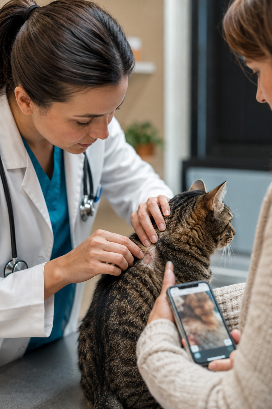 A veterinarian examining a cat's irritated skin while the owner shows a photo of a newly noticed coat change.