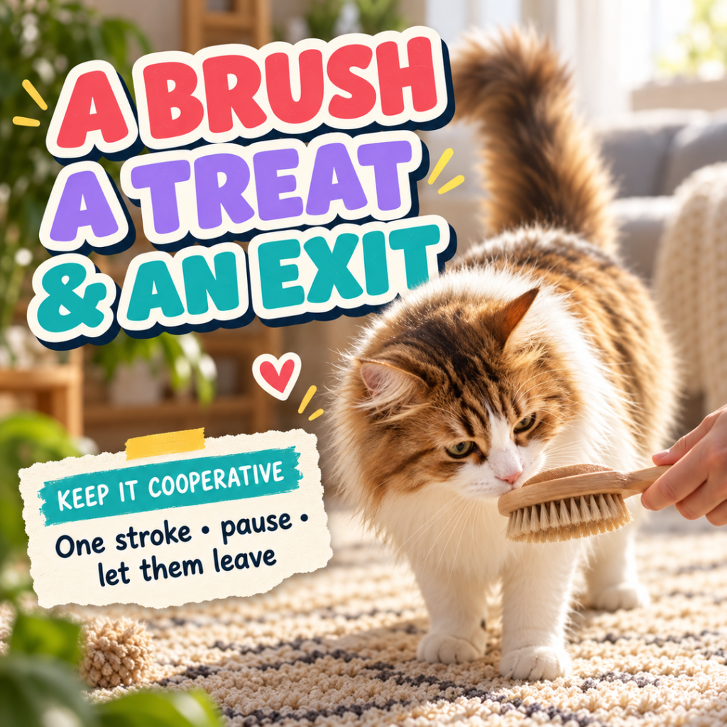 A long-haired cat choosing to approach a grooming brush beside the headline A Brush, a Treat and an Exit.
