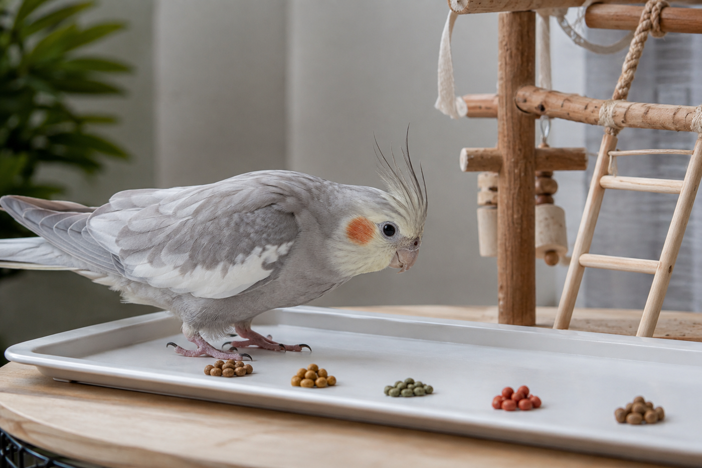 A cockatiel choosing familiar pellets from an open white foraging tray on a low play stand.