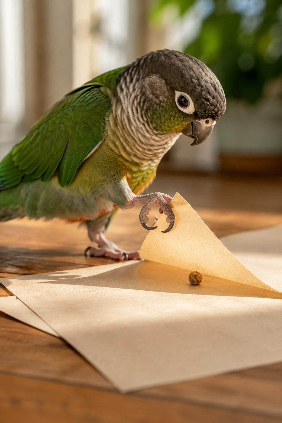 Two budgerigars exploring loosely folded plain paper with visible food on a clean tabletop tray.