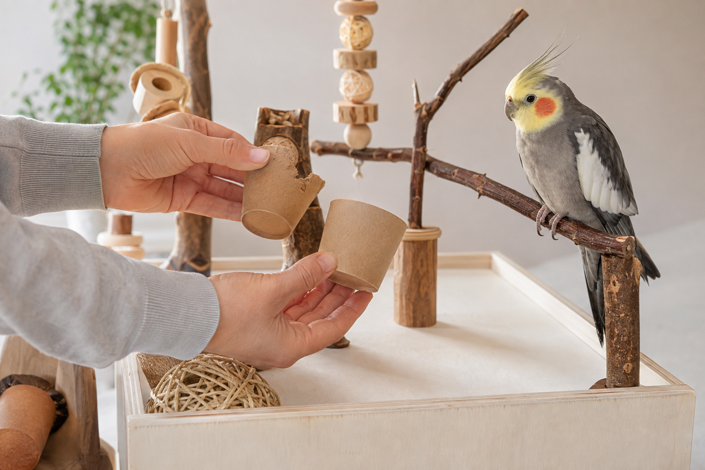 A person inspecting a worn bird toy for loose fibres and damaged fastenings before returning it to the play area.