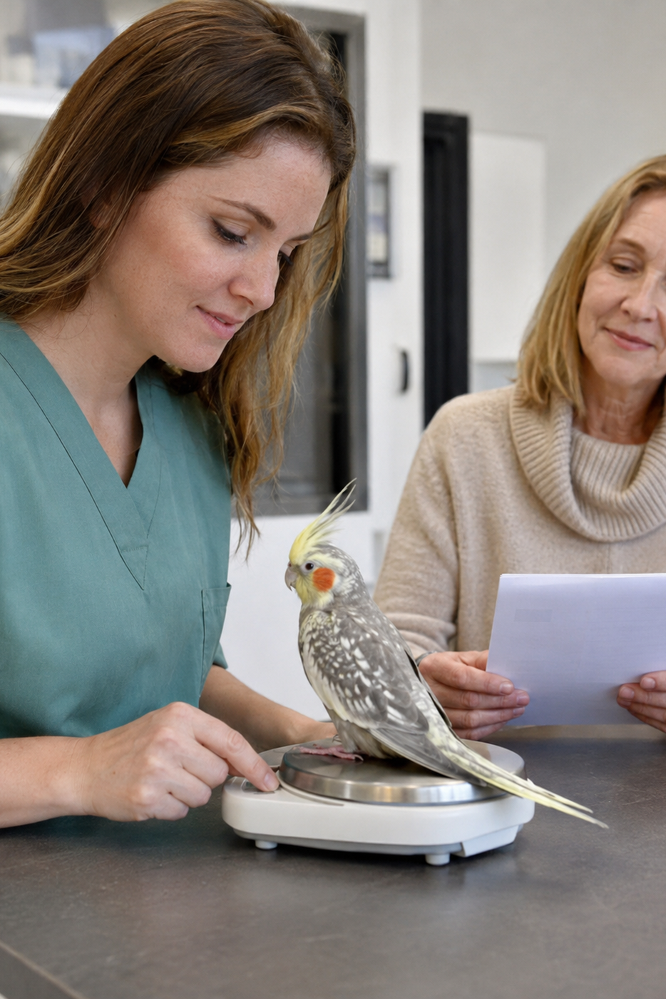 An avian veterinarian weighing a small parrot on a gram scale while the owner observes in a quiet clinic.