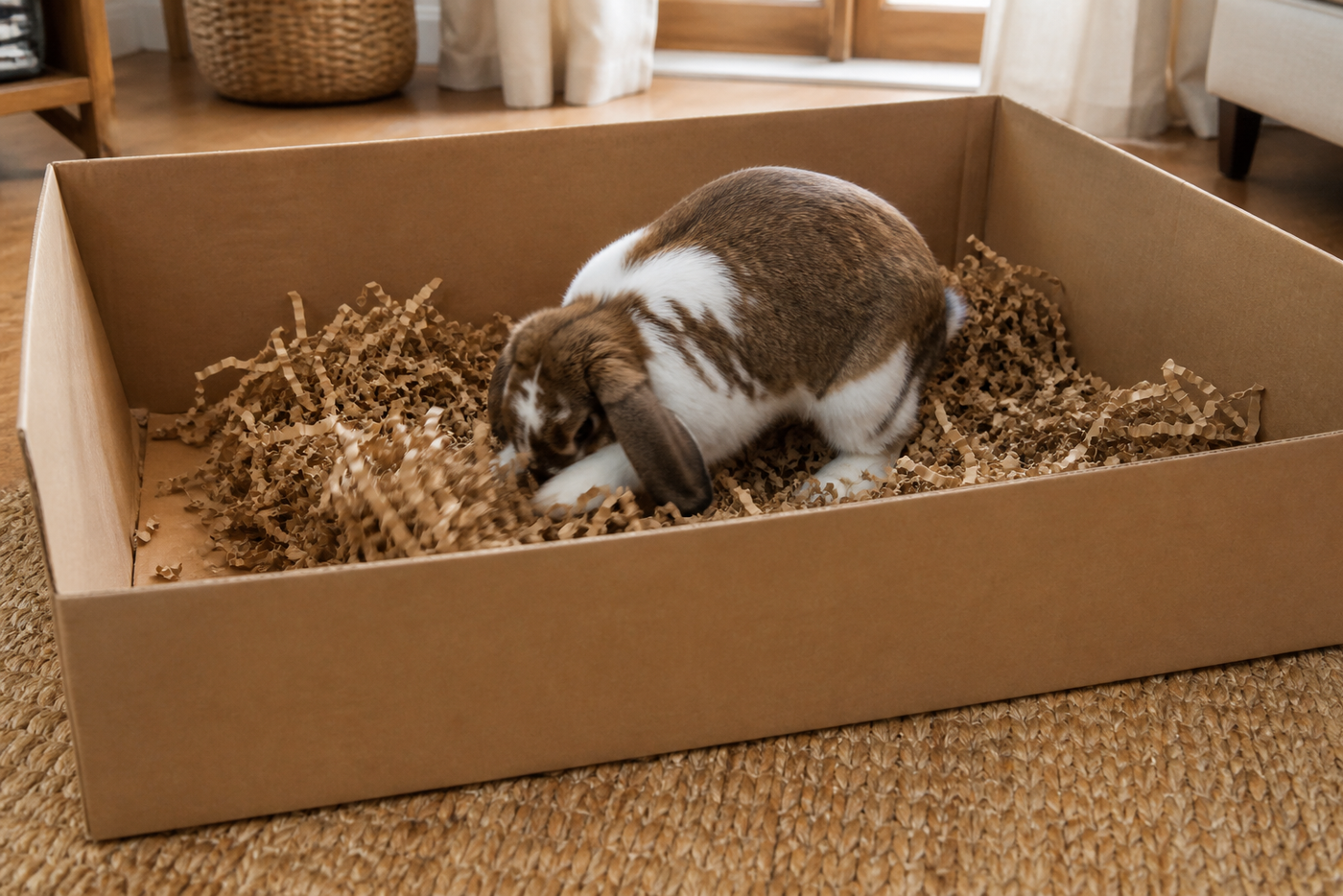 A lop rabbit digging in a roomy high-sided cardboard box filled with shredded plain paper.
