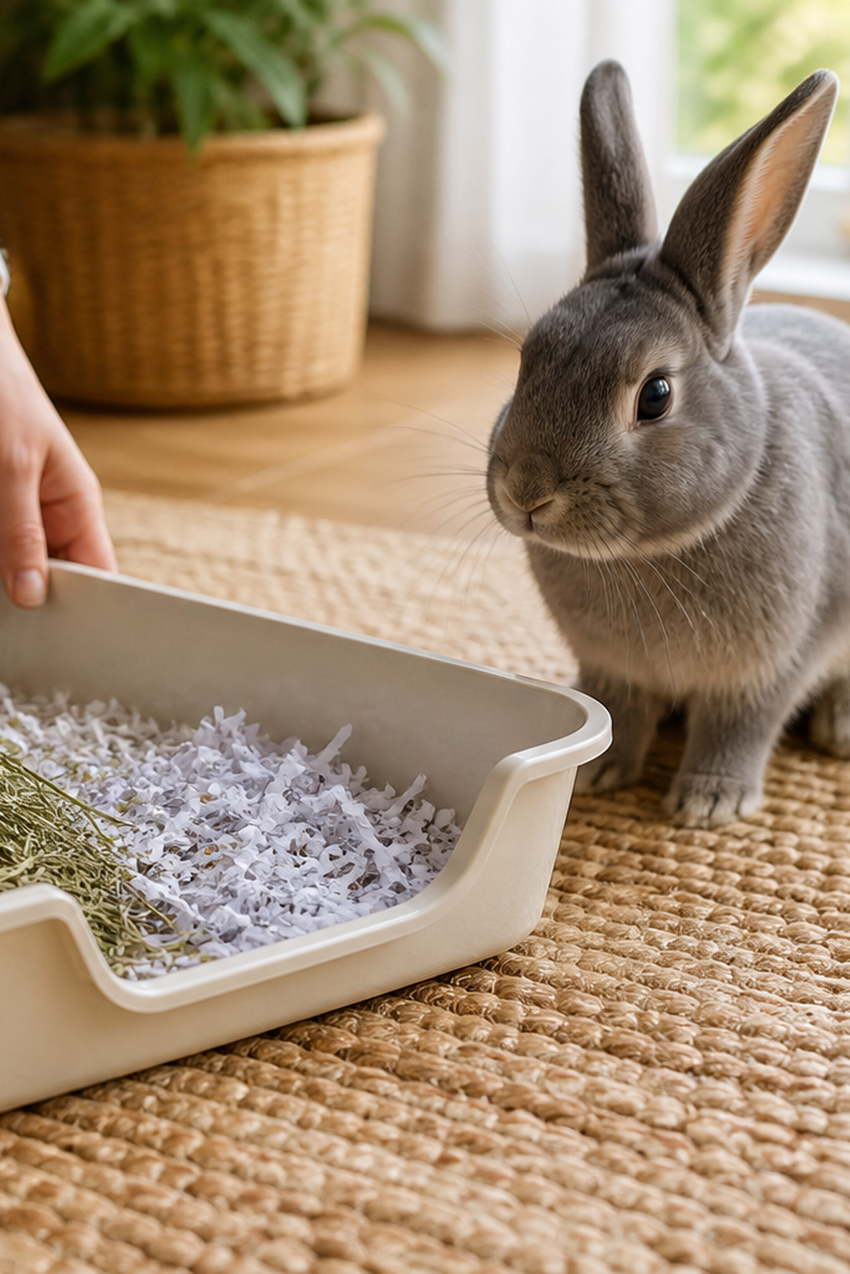 A sturdy rabbit dig tray being prepared with hay and shredded paper while an upright-eared rabbit waits nearby.