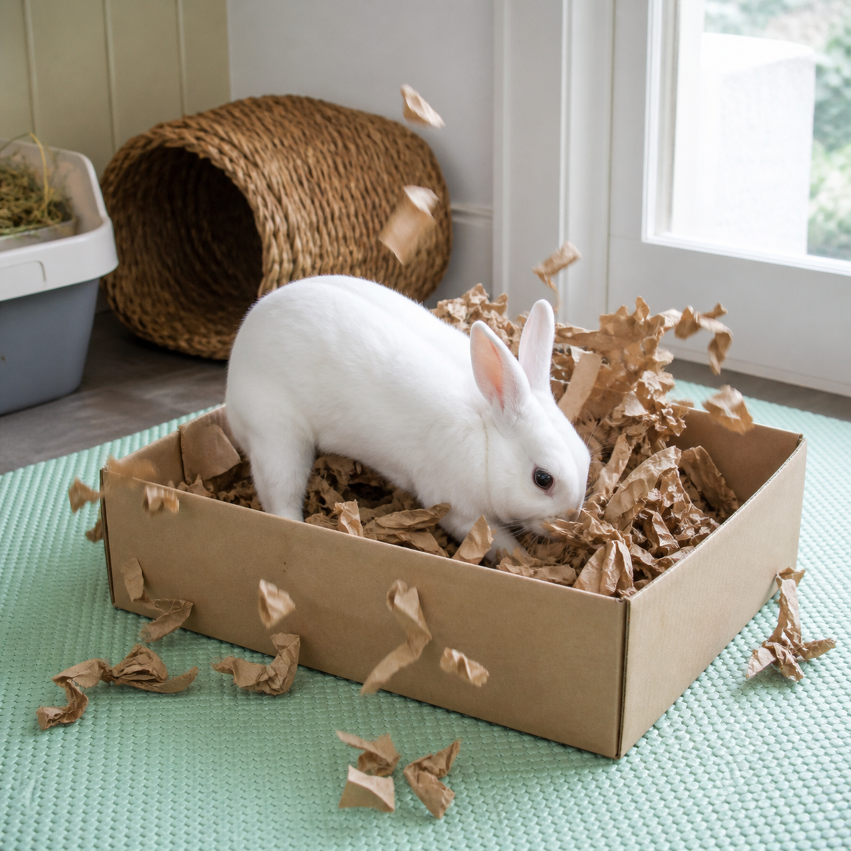 A white rabbit enthusiastically digging in a contained paper-filled box on a washable floor mat.
