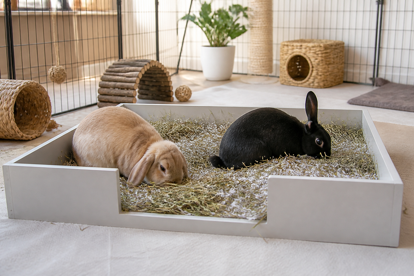 Two bonded rabbits foraging together in a wide hay-filled dig box with two easy exits.